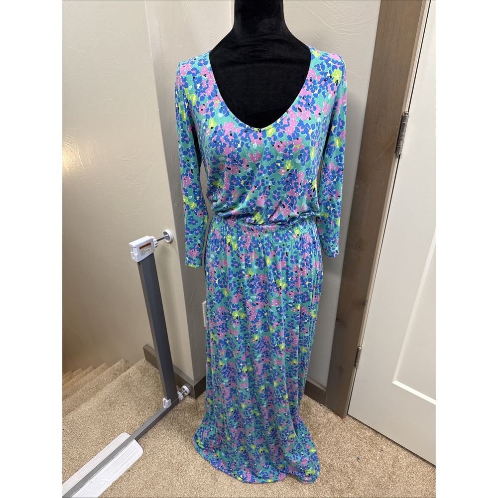 Lilly Pulitzer Women's Maxi Dress Long Sleeve Blue Pink Floral V-Neck Large